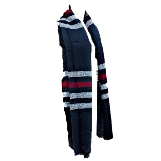 Striped Knit Shawl Scarf with Raw Fringe Trim (Navy Blue)