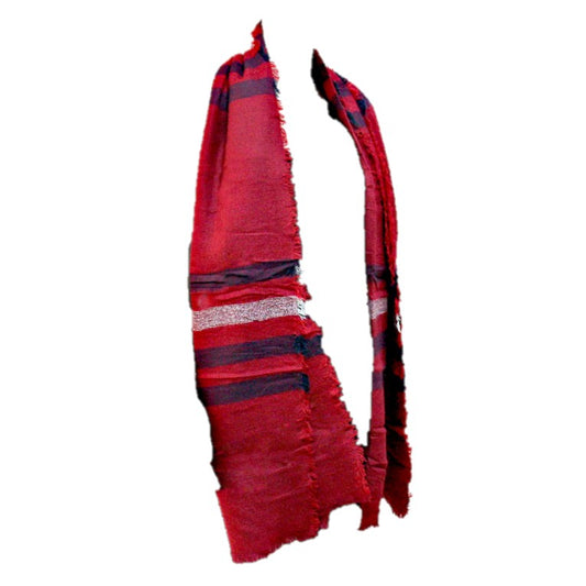 Striped Knit Shawl Scarf with Raw Fringe Trim (Burgundy Red)