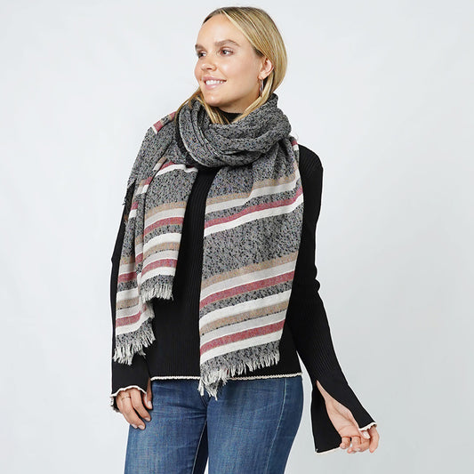 Stripe Slub Woven Oblong Scarf Wrap with Fringe (Black, Grey, Red, Beige, Ivory)