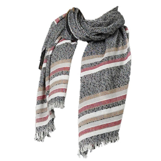 Stripe Slub Woven Oblong Scarf Wrap with Fringe (Black, Grey, Red, Beige, Ivory)