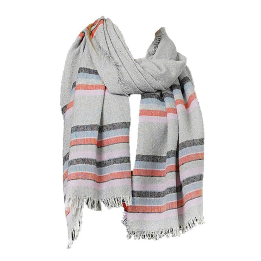 Stripe Slub Woven Oblong Scarf Wrap with Fringe (Grey, Orange, Blue, Lilac, Black)