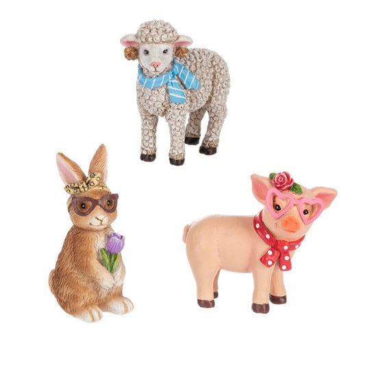 Whimsical Bunny Rabbit, Lamb & Pig Figurine Set