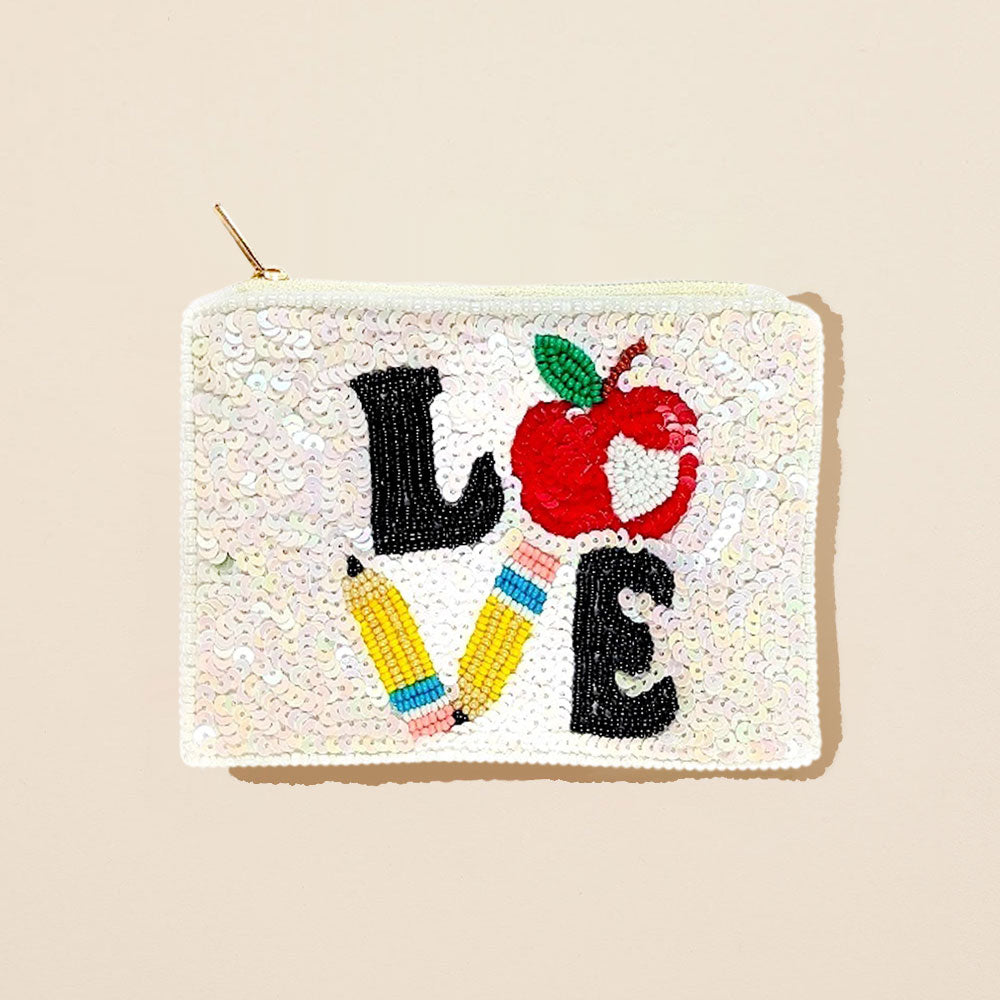 LOVE Apple Pencil Seed Beaded Pouch Bag Coin Purse