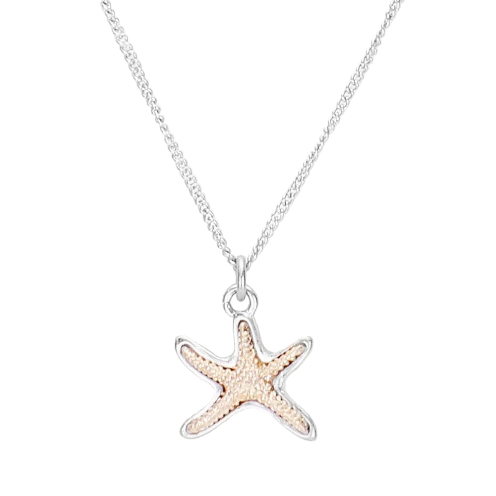 A textured metal starfish pendant necklace in worn gold and silver colors on a chain.