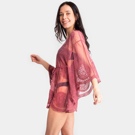 Tie Knot Closure Lace Shirt, Blouse, Beach Cover Up Top (Rose Pink)
