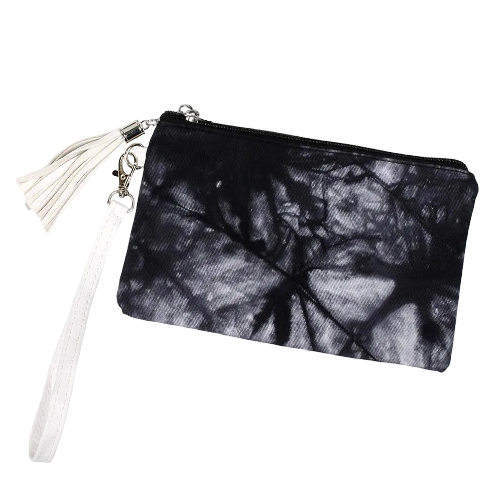 Black and white tie-dye pouch with a wrist strap on a white background