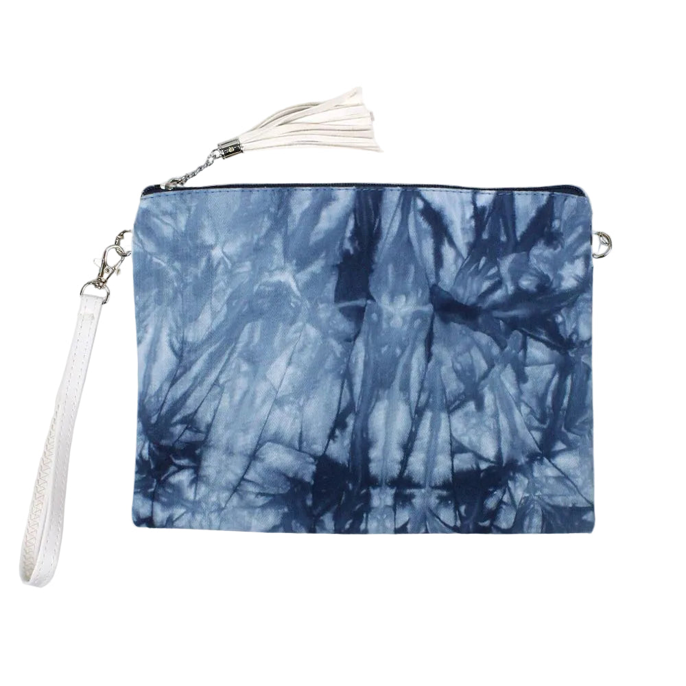 Blue and white tie-dye wristlet clutch and crossbody bag. Stylish and versatile, perfect for casual outings, travel, or adding a pop of color to any outfit.