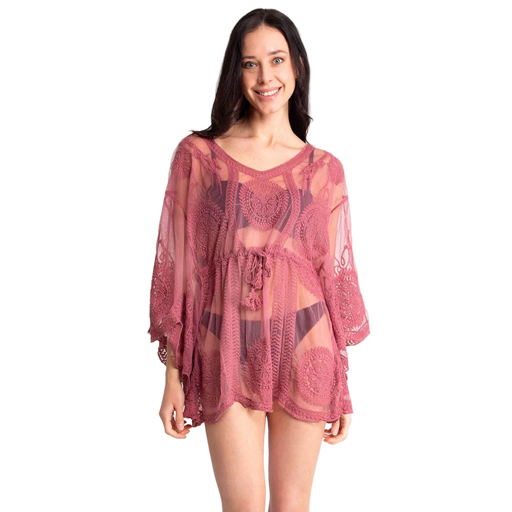 Tie Knot Closure Lace Shirt, Blouse, Beach Cover Up Top (Rose Pink)