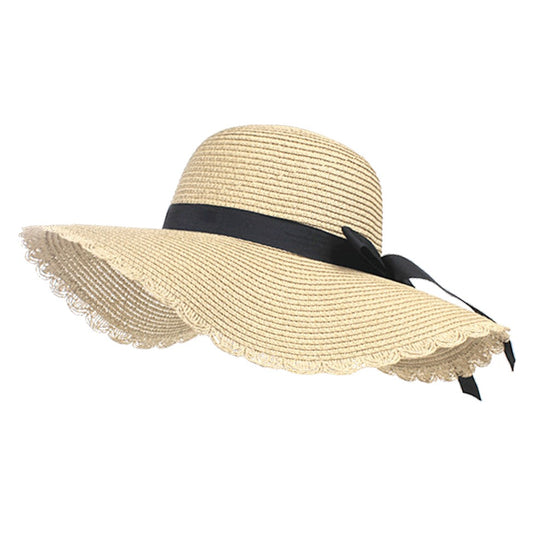 Trim Detail Bow Band Straw Floppy Sun Hat (Beige)