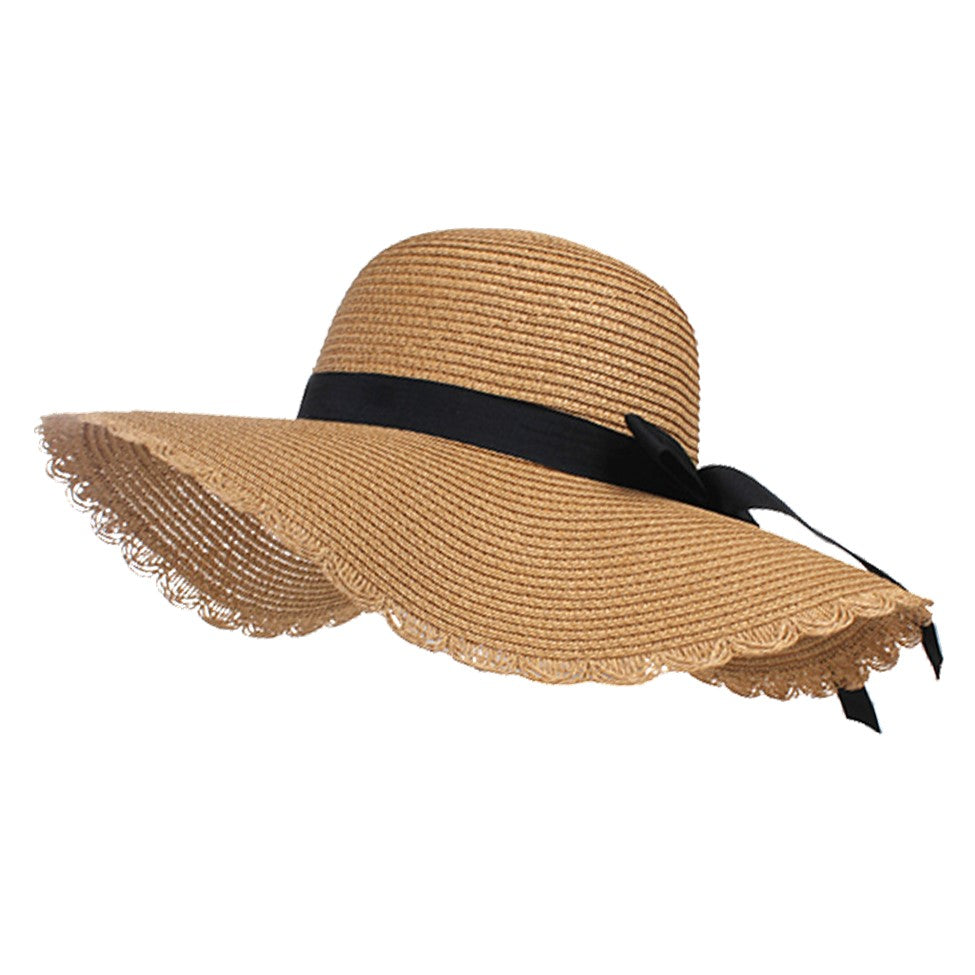 Trim Detail Bow Band Straw Floppy Sun Hat (Khaki)