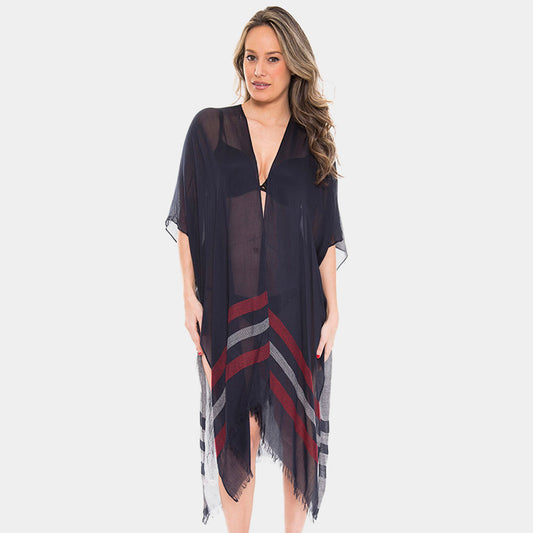 Striped Beach Bathing Suit Cover Up Long Kimono Cardigan Poncho