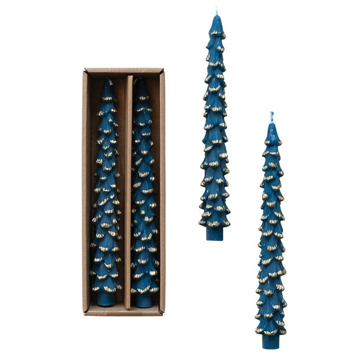 Pine Tree Shaped Taper Candles, Set of 2 (Blue with Gold Tips)