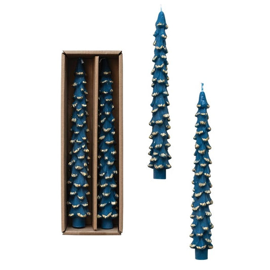 Pine Tree Shaped Taper Candles, Set of 2 (Blue with Gold Tips)