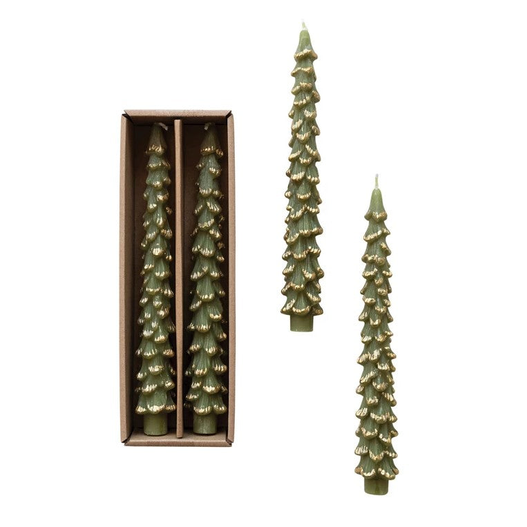 Tree Shaped Taper Candles, Set of 2 (Evergreen with Gold Tips)