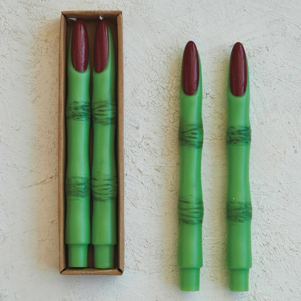 Green Witch Finger Shaped Taper Candles in Box (Set of 2)