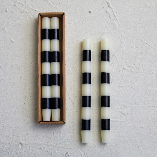 Striped Taper Candles in Box (Black and White, Set of 2)