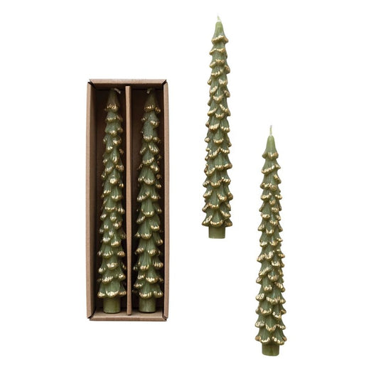 Pine Tree Shaped Taper Candles, Set of 2 (Evergreen with Gold Tips)