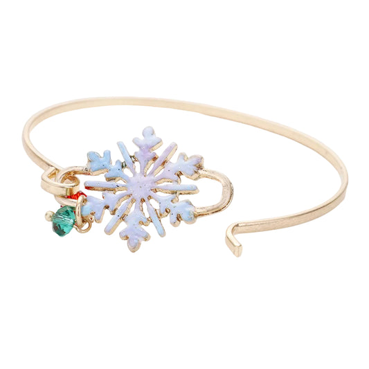 Watercolor look gold meta Christmas Hook bracelet with a snowflake.