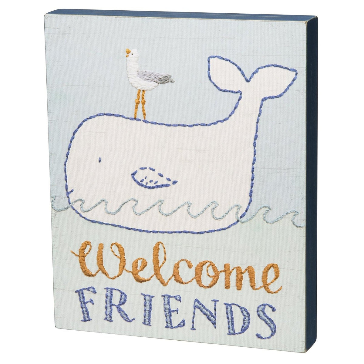 Welcome Friends whale and seagull box sign with charming embroidered-style details. A sweet nautical accent for an entryway, guest room or nursery.
