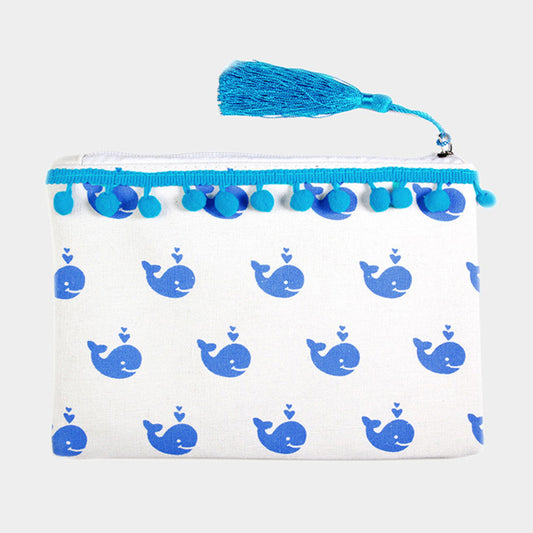 Tiny Pom Pom Tassel Pouch Bag (Blue Whale)