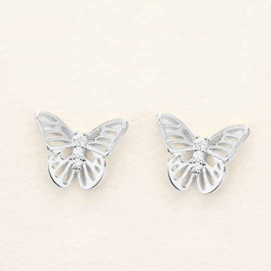 CZ Butterfly Sterling Silver Post Stud Earrings (White Gold Dipped)