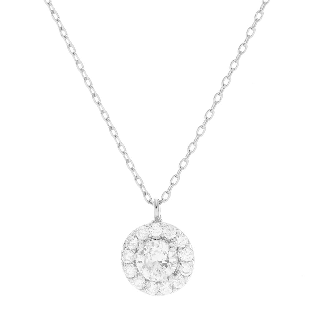 White Gold Dipped CZ Round Pendant Necklace (Silver)