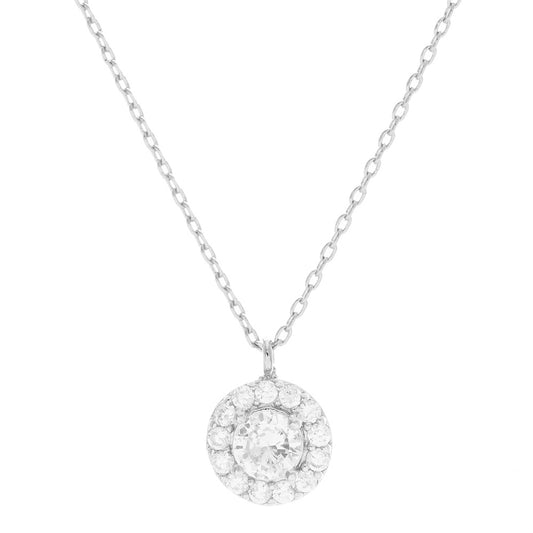 White Gold Dipped CZ Round Pendant Necklace (Silver)
