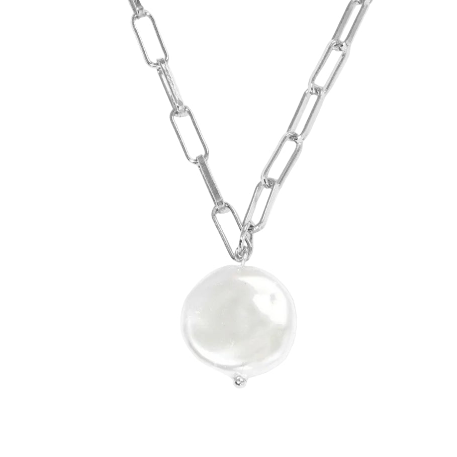 A choker necklace with a white gold chain and a large white pearl pendant.