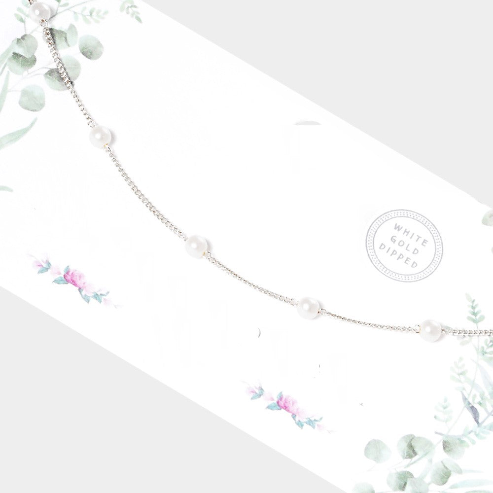 White Gold Dipped Pearl Station Necklace