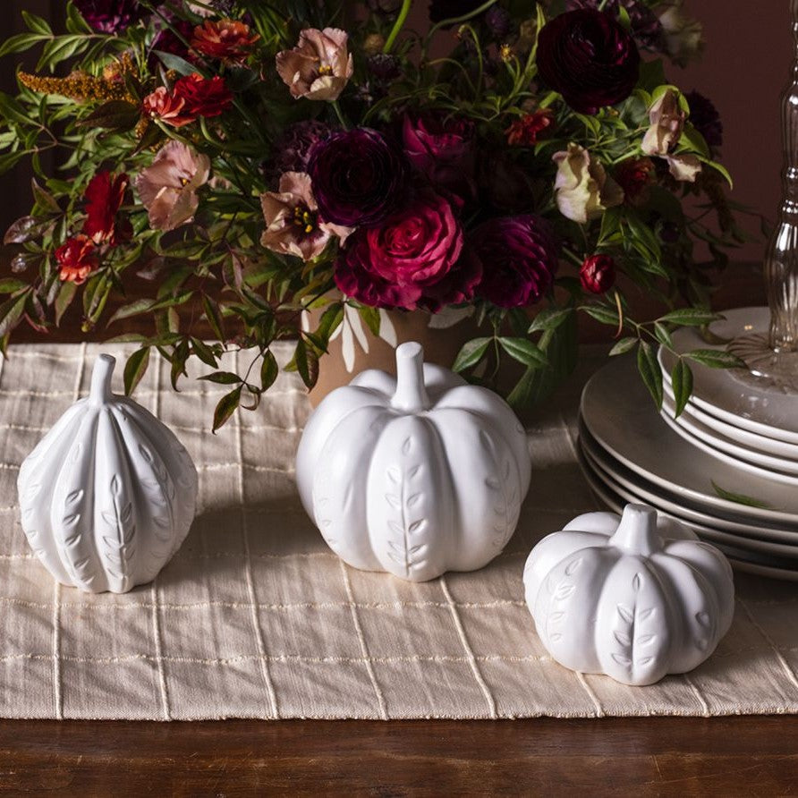 White Carved Ceramic Garner Pumpkins (Set of 3)