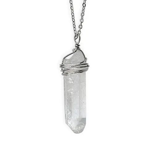 Wire Wrap Clear Genuine Quartz Crystal Gemstone Pendant Necklace