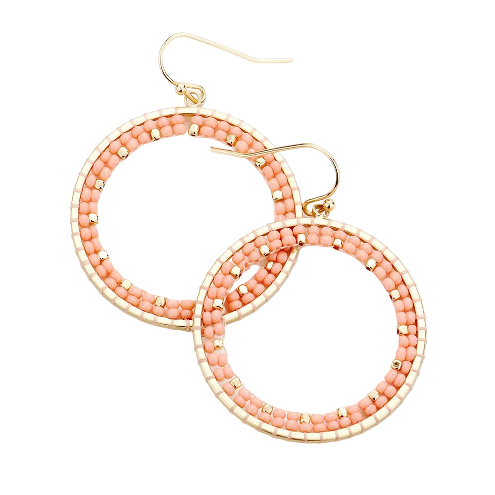 Wire Wrapped Beaded Hoop Dangle Earrings (Pink)