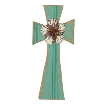 Wood & Metal Cross (Green Flower)