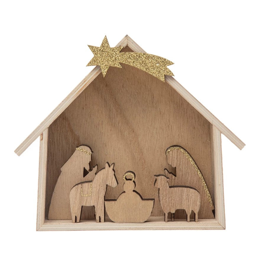 Wood Manger Nativity Scene with Crèche (Set of 6)