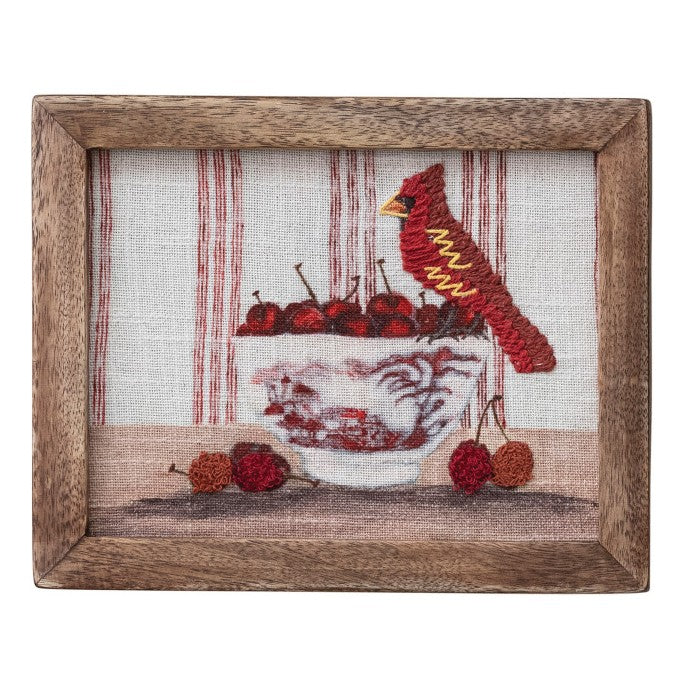 Framed Embroidered Bird with Fruit Wall Art