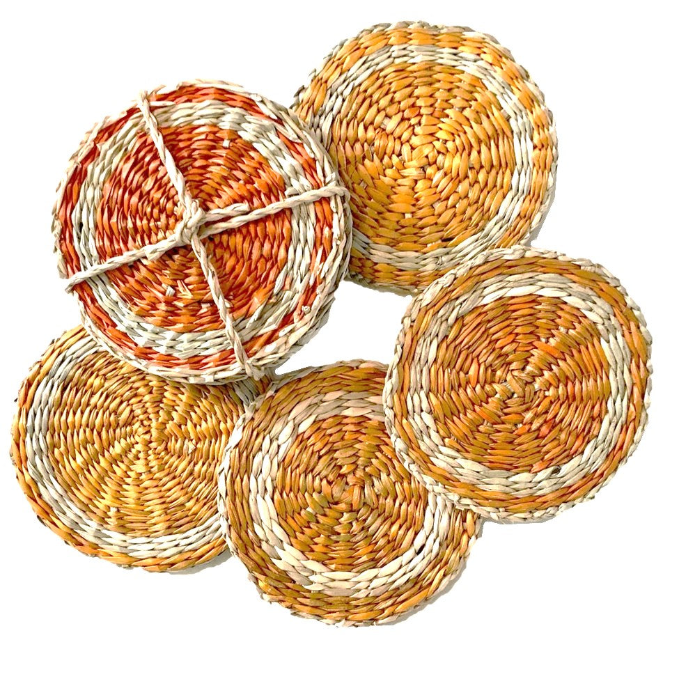 Round Hand-Woven Seagrass Coasters, Orange & Natural, Set of 4