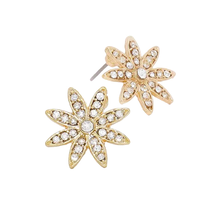 A pair of gold-colored metal stud earrings designed with a crystal flower pattern.