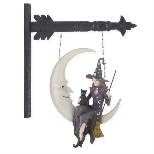 Crescent Moon with Sitting Witch & Black Cat Hanging Arrow Replacement Sign