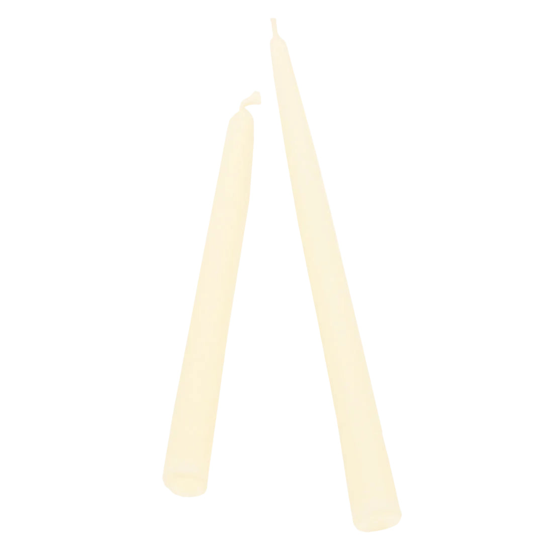 Two taper candles in ivory color with a drip-less design, displayed against a white background.