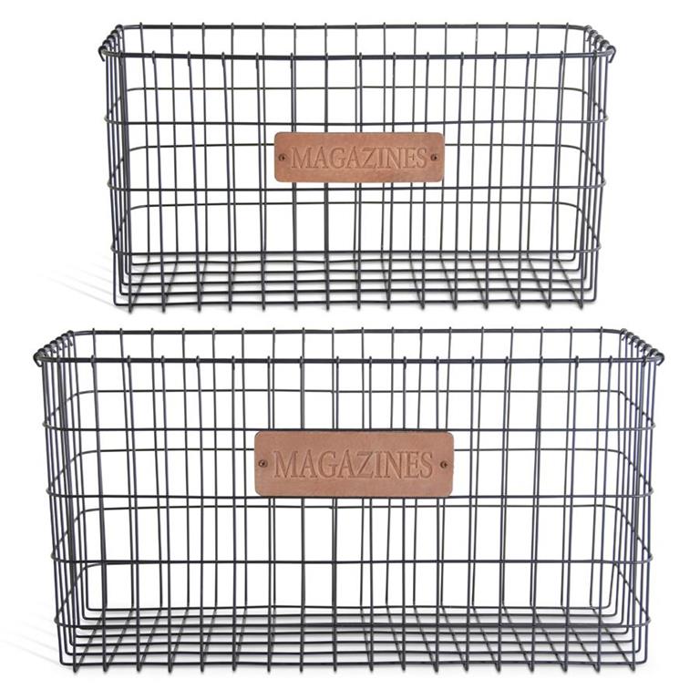 Black Metal Nesting Baskets with Leather MAGAZINES Label (set of 2)