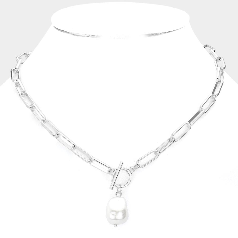 Large Link Pearl Pendant Toggle Necklace (Silver)