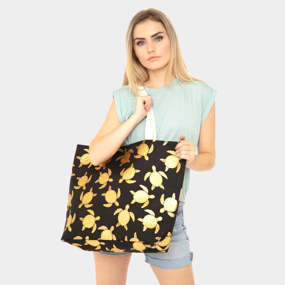 Metallic Turtle Beach Tote Bag (Black, Gold)