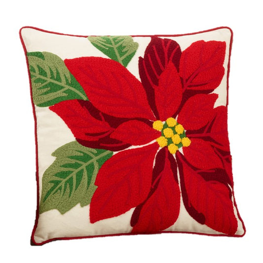 Crewel Embroidered Poinsettia Throw Pillow