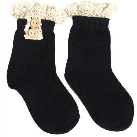 Crochet Ruffle Button Ankle Socks (black)
