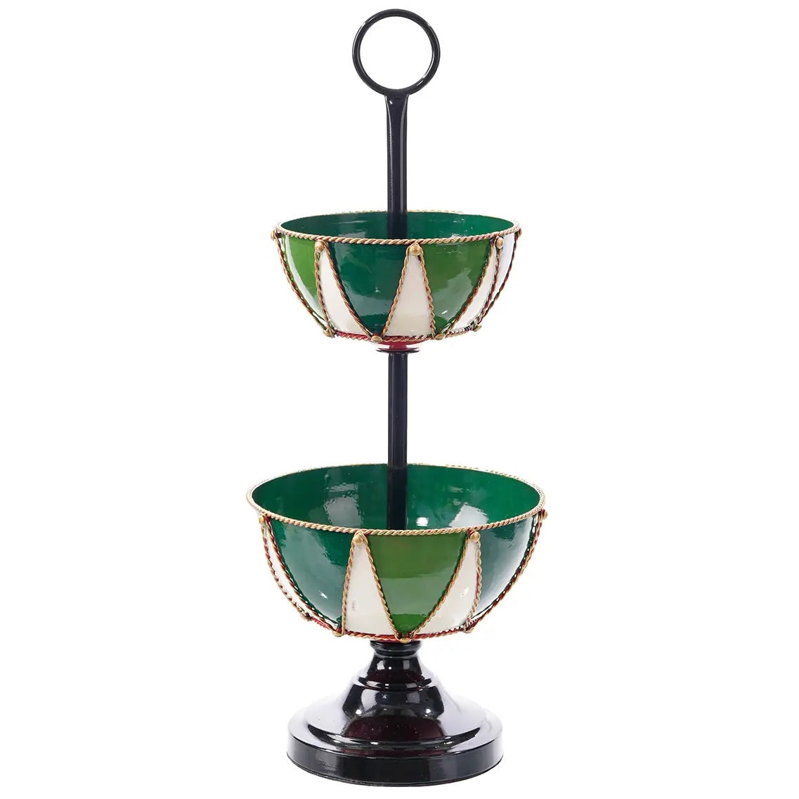 Black stand with two graduated bowls, green interiors, and green and white exteriors.