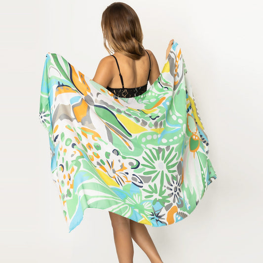 Tropical Leaf Floral Scarf Shawl (Green, Orange)