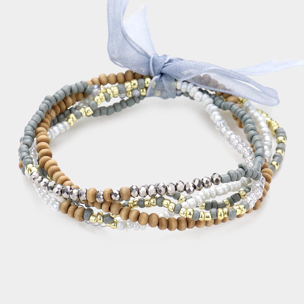 Wood Beaded Stretch Bracelets (Set of 5)