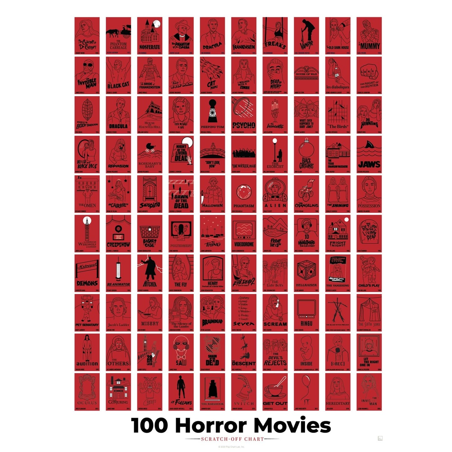 100 Essential Scary Horror Movies Scratch-Off Chart - 12" X 16" Poster Print