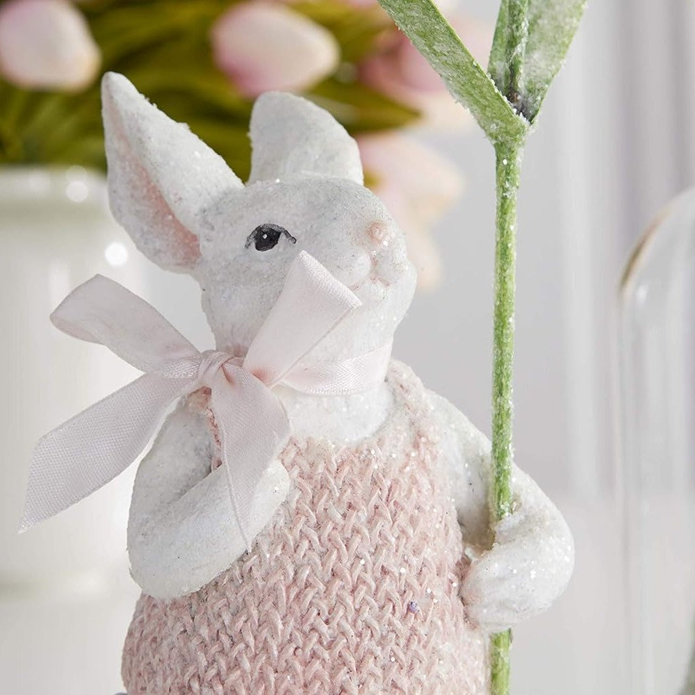 Glitter Bunny Rabbit in Pink Dress and Bow Holding Large Daisy Flower