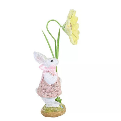 Glitter Bunny Rabbit in Pink Dress and Bow Holding Large Daisy Flower